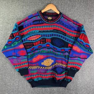 Vintage Harley Davidson 3D Knit Sweater Men Large Chunky 90's Colorful Wool Bold